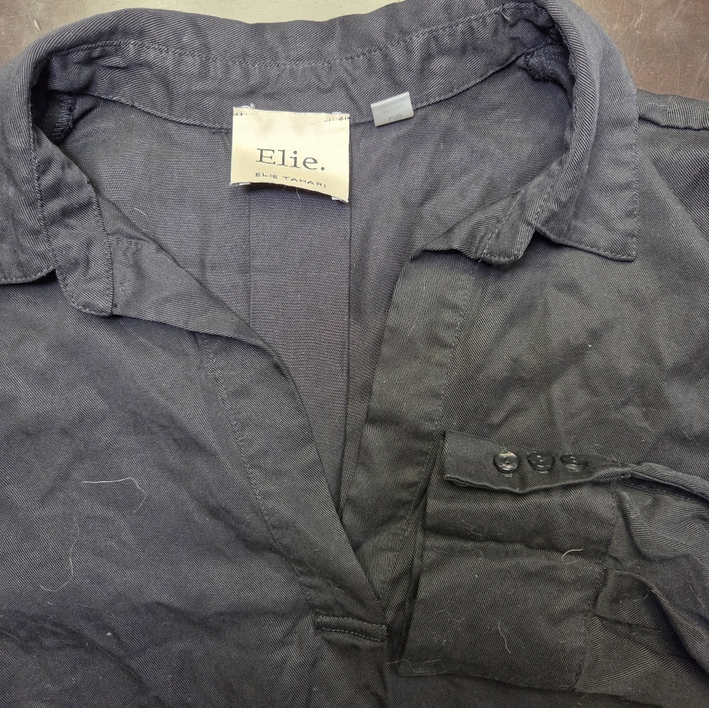 Elie Tahari Womens Black Long Sleeve V-Neck Twill Blouse Top Size L Large